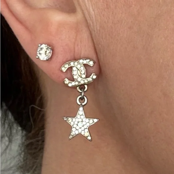 CHANEL Gold and Silver Crystal Moon and Star Earrings - Picture 4 of 4